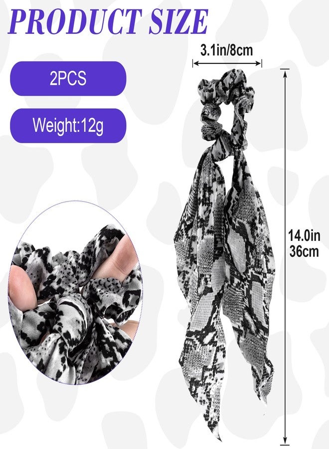 Mxxipp 2pcs Snake Print Bow Hair Tie, Elastics Non-Slip Bow Scrunchies Band, Soft Long Tail Bowknot Ties Ponytail Holder Accessories for Curly Straight Thick Fine Hair- Grey - Image 2